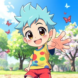 A cute anime boy with large expressive eyes and a cheerful smile, wearing a colorful t-shirt and shorts