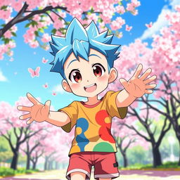 A cute anime boy with large expressive eyes and a cheerful smile, wearing a colorful t-shirt and shorts