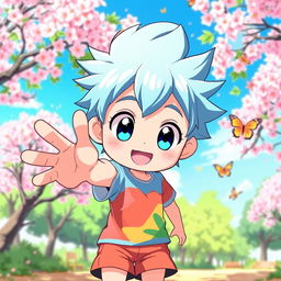 A cute anime boy with large expressive eyes and a cheerful smile, wearing a colorful t-shirt and shorts