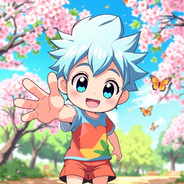 A cute anime boy with large expressive eyes and a cheerful smile, wearing a colorful t-shirt and shorts
