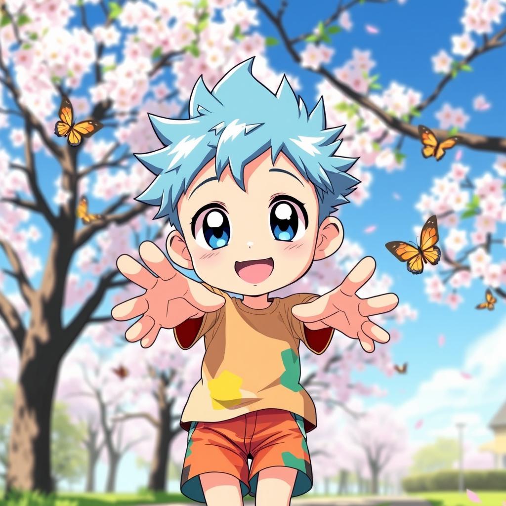 A cute anime boy with large expressive eyes and a cheerful smile, wearing a colorful t-shirt and shorts