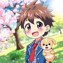 A cute anime boy with big sparkling eyes, short spiky hair, and a bright smile