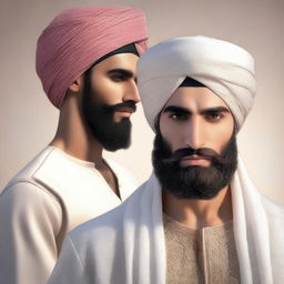 A hyper-realistic image of a very handsome young Arab man with a beard and wearing a turban, with only the upper half of his body visible