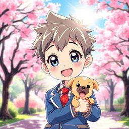 A cute anime boy with big sparkling eyes, short spiky hair, and a bright smile