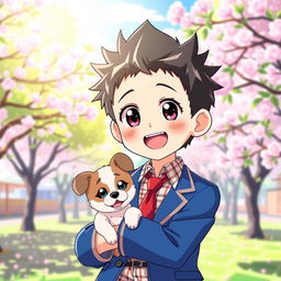 A cute anime boy with big sparkling eyes, short spiky hair, and a bright smile