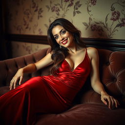 A sultry and glamorous scene featuring a confident and attractive woman lounging on a plush velvet sofa, dressed in a dazzling, form-fitting red dress that hugs her curves