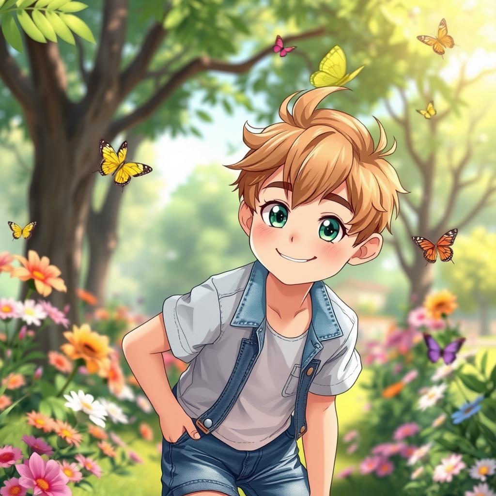 A cute and handsome anime boy, approximately 10 years old, with bright emerald green eyes and a charming smile