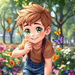 A cute and handsome anime boy, approximately 10 years old, with bright emerald green eyes and a charming smile