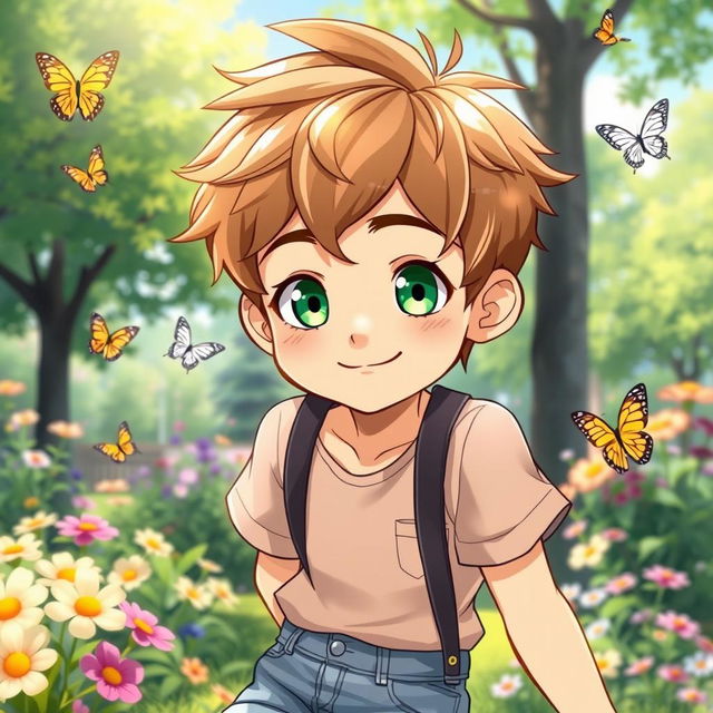 A cute and handsome anime boy, approximately 10 years old, with bright emerald green eyes and a charming smile