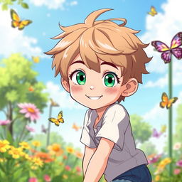 A cute and handsome anime boy, approximately 10 years old, with bright emerald green eyes and a charming smile