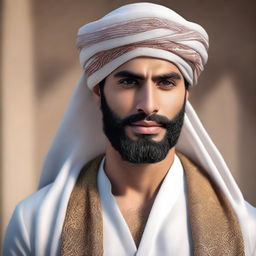 A hyper-realistic image of a very handsome young Arab man with a beard and wearing a turban, with only the upper half of his body visible