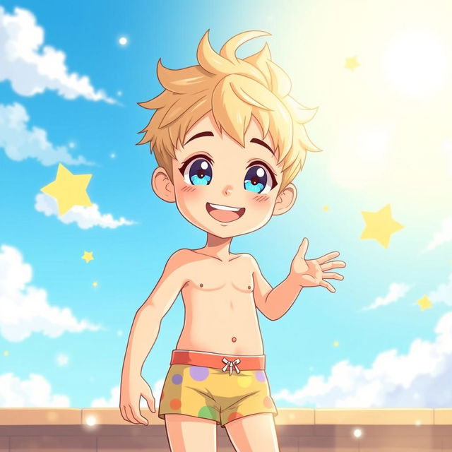 A cute and handsome anime boy, approximately 12 years old, with bright blue eyes and a playful smile