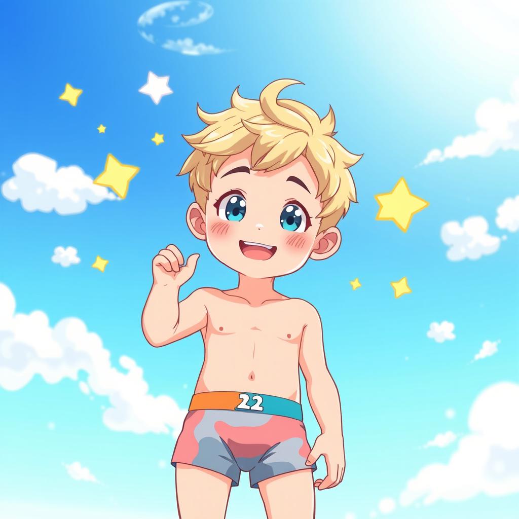 A cute and handsome anime boy, approximately 12 years old, with bright blue eyes and a playful smile