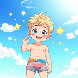 A cute and handsome anime boy, approximately 12 years old, with bright blue eyes and a playful smile