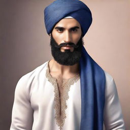 A hyper-realistic image of a very handsome young Arab man with a beard and wearing a turban, with only the upper half of his body visible