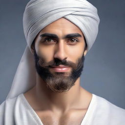 A hyper-realistic image of a very handsome young Arab man with a beard and wearing a turban, with only the upper half of his body visible