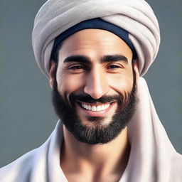 A hyper-realistic image depicting a very handsome young Arab man with a beard and wearing a turban, smiling warmly