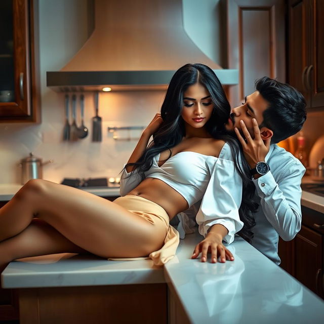 A sensual scene in a beautifully decorated kitchen, featuring a sexy Indian maid wearing a short, fitted white blouse and a traditional skirt