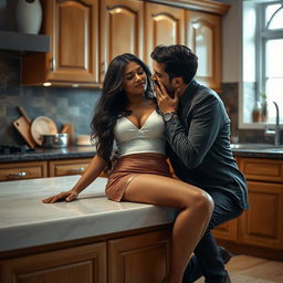 A sensual scene in a beautifully decorated kitchen, featuring a sexy Indian maid wearing a short, fitted white blouse and a traditional skirt