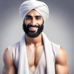 A hyper-realistic image depicting a very handsome young Arab man with a beard and wearing a turban, smiling warmly