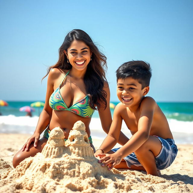 A scene depicting a joyful Indian mother wearing a vibrant bikini, enjoying a sunny beach day with her teenage son