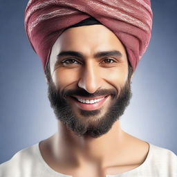 A hyper-realistic image depicting a very handsome young Arab man with a beard and wearing a turban, smiling warmly