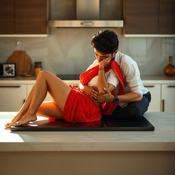 A beautiful Indian maid lying seductively on a kitchen slab, wearing a short white blouse and a vibrant red saree that contrasts against the modern kitchen backdrop