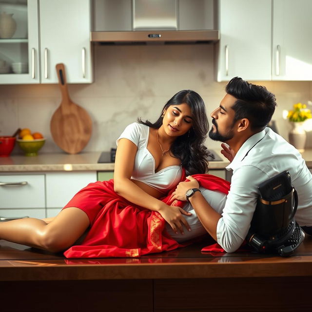 A beautiful Indian maid lying seductively on a kitchen slab, wearing a short white blouse and a vibrant red saree that contrasts against the modern kitchen backdrop