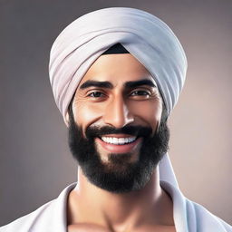 A hyper-realistic image depicting a very handsome young Arab man with a beard and wearing a turban, smiling warmly