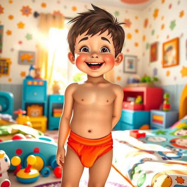 A playful scene featuring a young boy wearing brightly colored underwear, standing in a cheerful bedroom filled with toys and sunshine streaming through the window