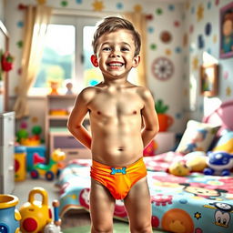 A playful scene featuring a young boy wearing brightly colored underwear, standing in a cheerful bedroom filled with toys and sunshine streaming through the window