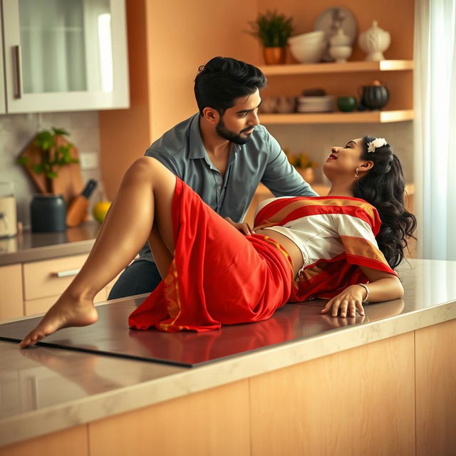 An intimate scene featuring a sexy Indian maid lying alluringly on a kitchen slab, adorned in a short white blouse and a vibrant red saree