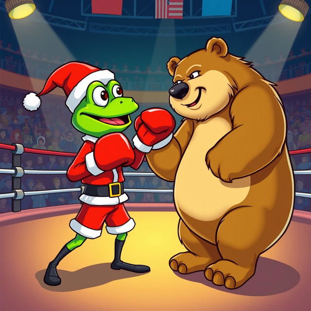 A dynamic scene in a boxing arena where a cartoonish character resembling a frog, dressed as Santa Claus with a red suit and hat, is engaged in a playful boxing match with a large, cartoon-style bear