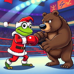 A dynamic scene in a boxing arena where a cartoonish character resembling a frog, dressed as Santa Claus with a red suit and hat, is engaged in a playful boxing match with a large, cartoon-style bear