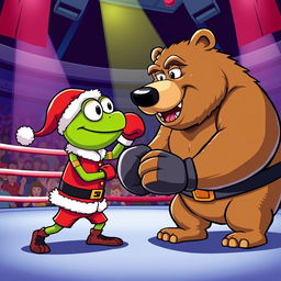 A dynamic scene in a boxing arena where a cartoonish character resembling a frog, dressed as Santa Claus with a red suit and hat, is engaged in a playful boxing match with a large, cartoon-style bear