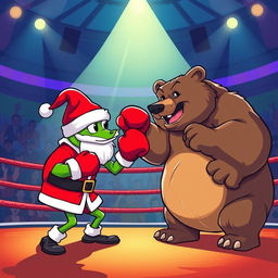 A dynamic scene in a boxing arena where a cartoonish character resembling a frog, dressed as Santa Claus with a red suit and hat, is engaged in a playful boxing match with a large, cartoon-style bear