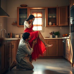 An intimate scene featuring a sexy Indian maid sitting gracefully on a kitchen rack, clad in a short white blouse and a flowing red saree