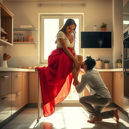 An intimate scene featuring a sexy Indian maid sitting gracefully on a kitchen rack, clad in a short white blouse and a flowing red saree