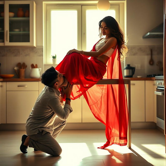 An intimate scene featuring a sexy Indian maid sitting gracefully on a kitchen rack, clad in a short white blouse and a flowing red saree