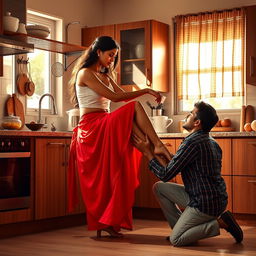 An intimate scene featuring a sexy Indian maid sitting gracefully on a kitchen rack, clad in a short white blouse and a flowing red saree