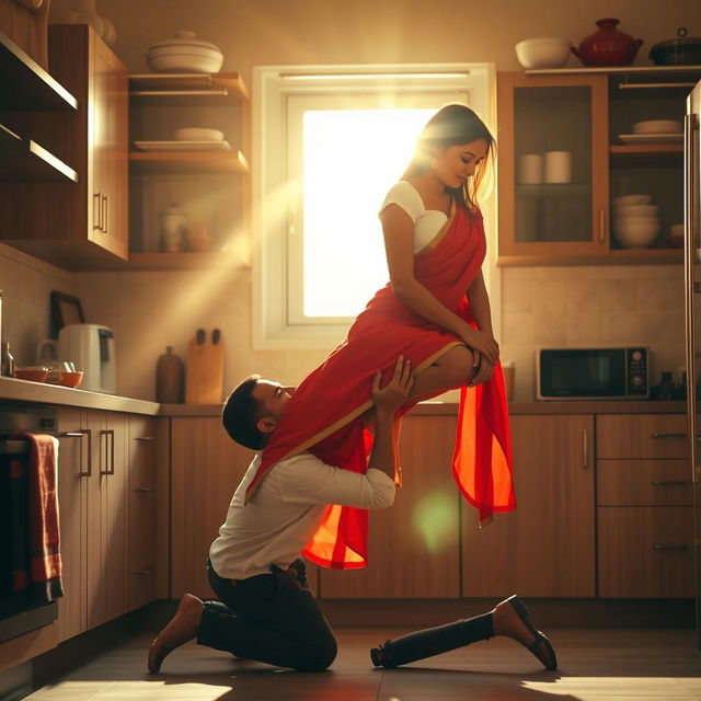 An intimate scene featuring a sexy Indian maid sitting elegantly on a kitchen rack, dressed in a short white blouse and a striking red saree