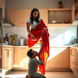 An intimate scene featuring a sexy Indian maid sitting elegantly on a kitchen rack, dressed in a short white blouse and a striking red saree