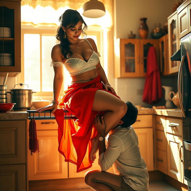 An intimate scene depicting a sexy Indian maid sitting gracefully on a kitchen rack, wearing a short white blouse that showcases her ample chest and a flowing red saree