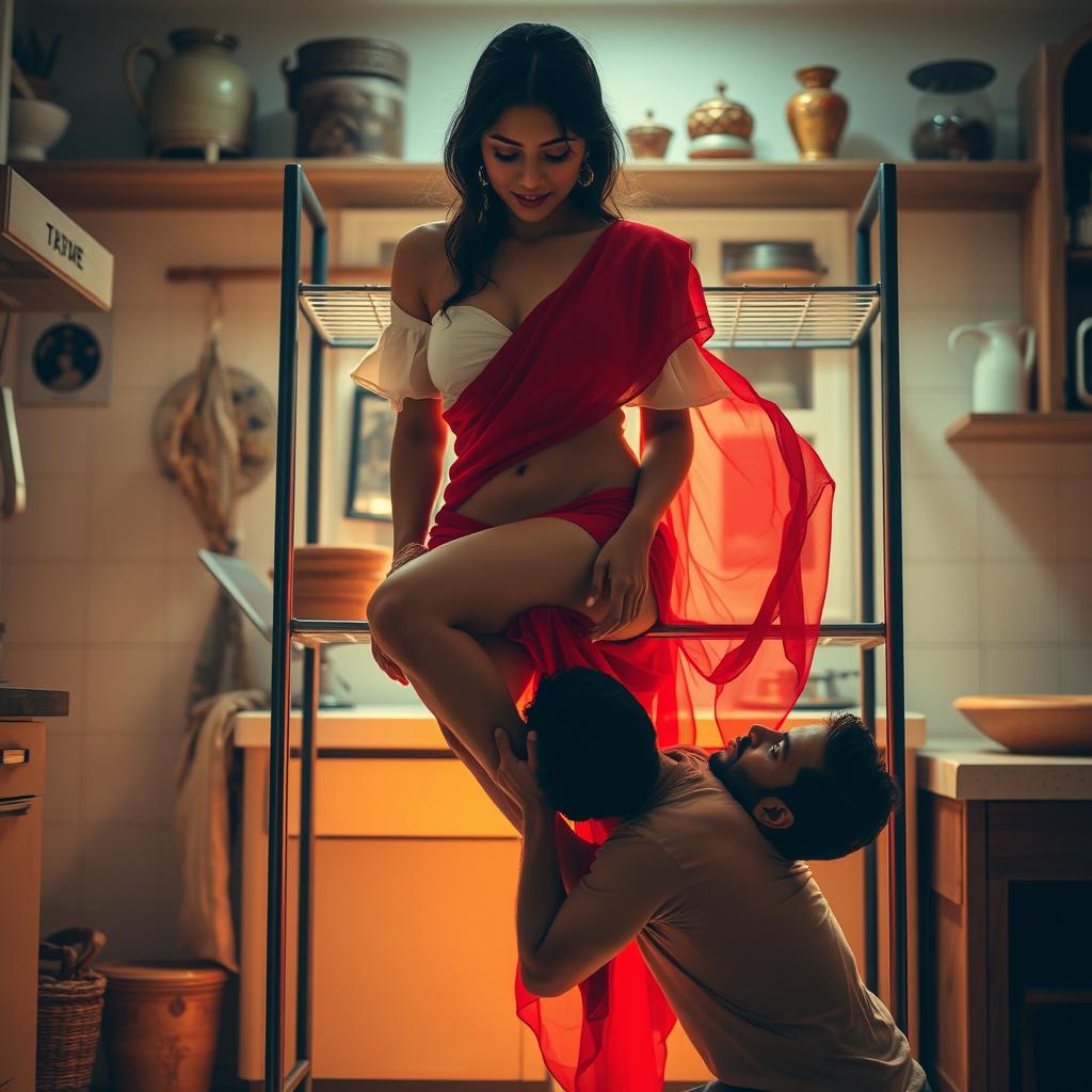An intimate scene featuring a sexy Indian maid in the process of undressing, wearing a short white blouse and a flowing red saree