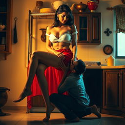 An intimate scene featuring a sexy Indian maid in the process of undressing, wearing a short white blouse and a flowing red saree