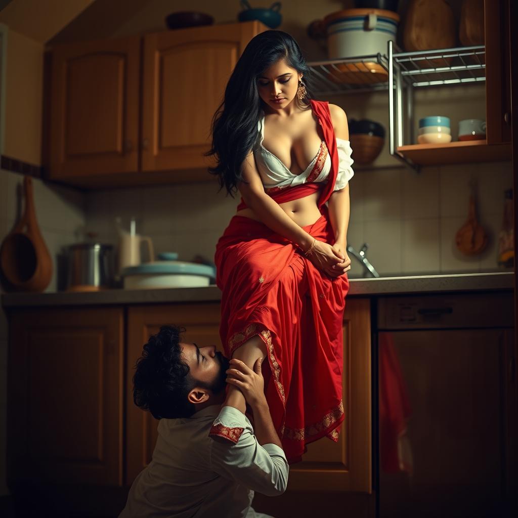 An intimate scene depicting a sexy Indian maid in the process of undressing, her short white blouse revealing her bare chest beneath as she gracefully sits on a kitchen rack