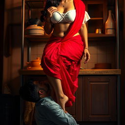 An intimate scene depicting a sexy Indian maid in the process of undressing, her short white blouse revealing her bare chest beneath as she gracefully sits on a kitchen rack