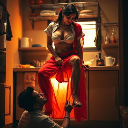 An intimate scene depicting a sexy Indian maid in the process of undressing, her short white blouse revealing her bare chest beneath as she gracefully sits on a kitchen rack