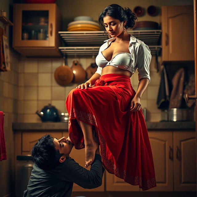 An intimate scene depicting a sexy Indian maid in the process of undressing, her short white blouse revealing her bare chest beneath as she gracefully sits on a kitchen rack