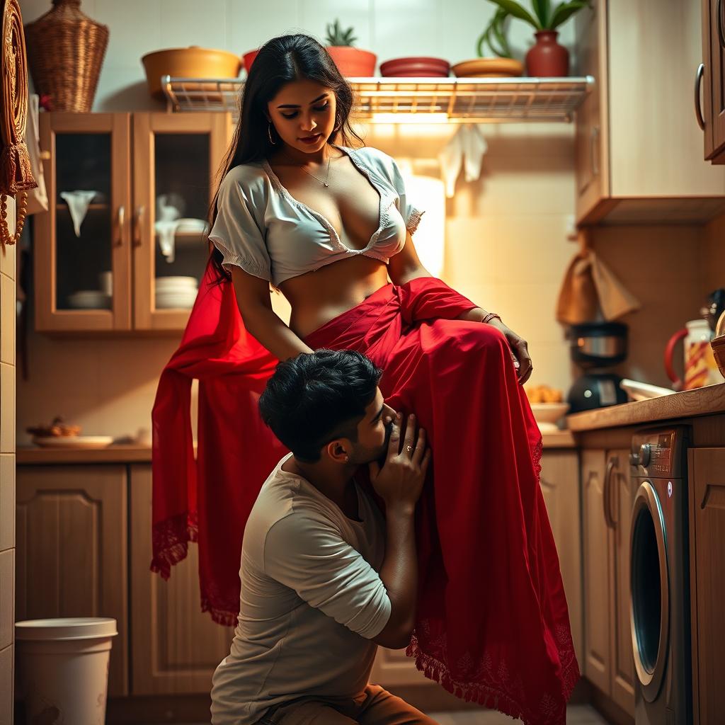 An intimate scene capturing a sexy Indian maid as she undresses, her short white blouse revealing her nude chest while she gracefully sits on a kitchen rack draped in a vibrant red saree